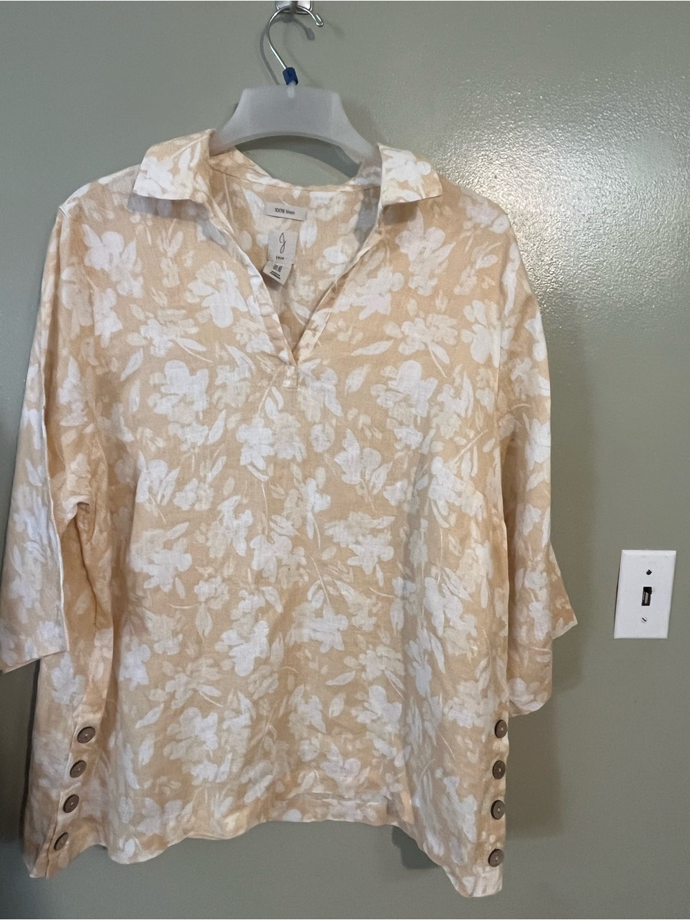Joie  Tan Floral Pull-Over Shirt Blouse 100% Linen Size Buttons 1X